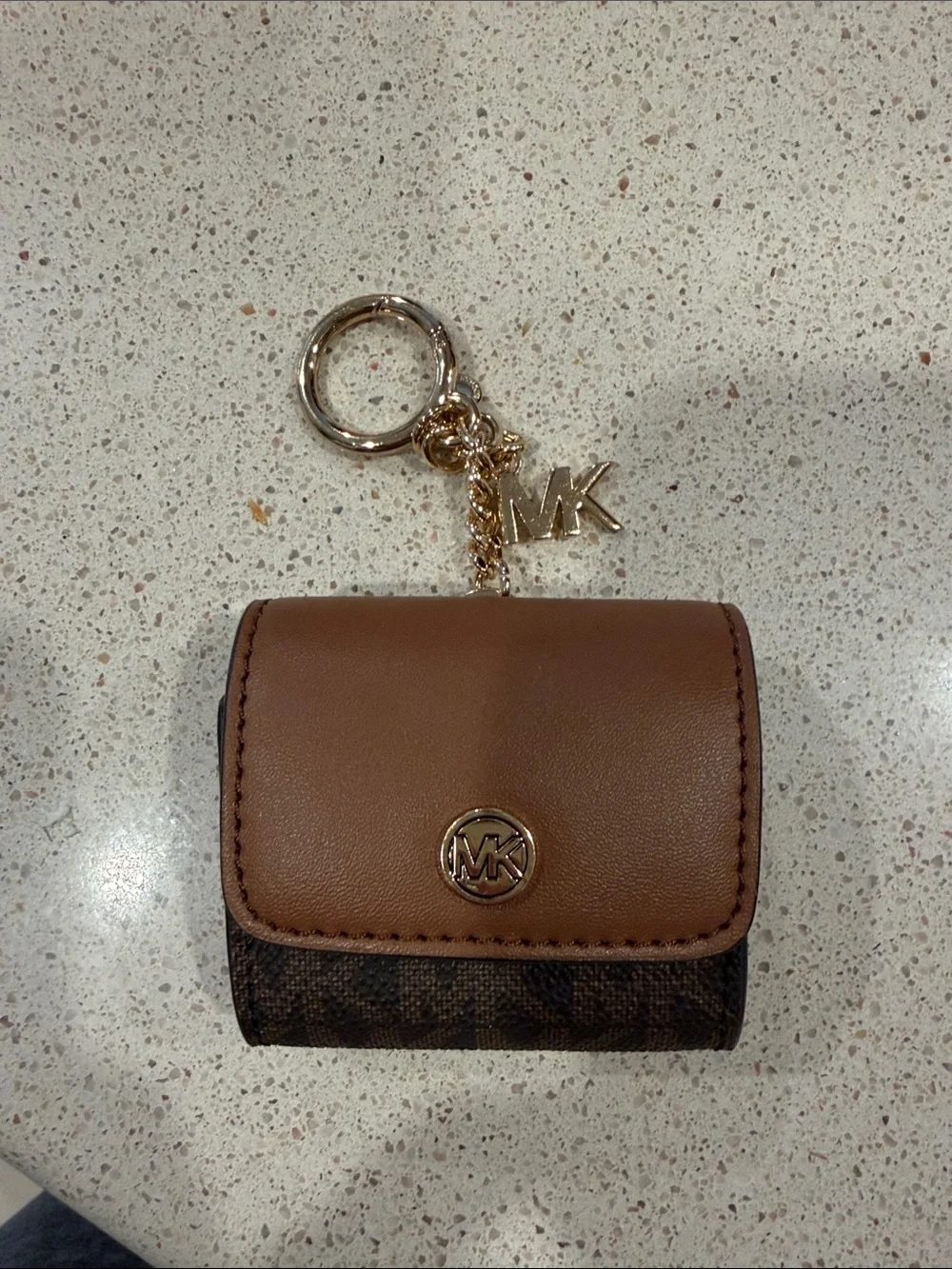 Michael Kors Brown Leather & Signature MK Air Pods Holder with Gold Charm